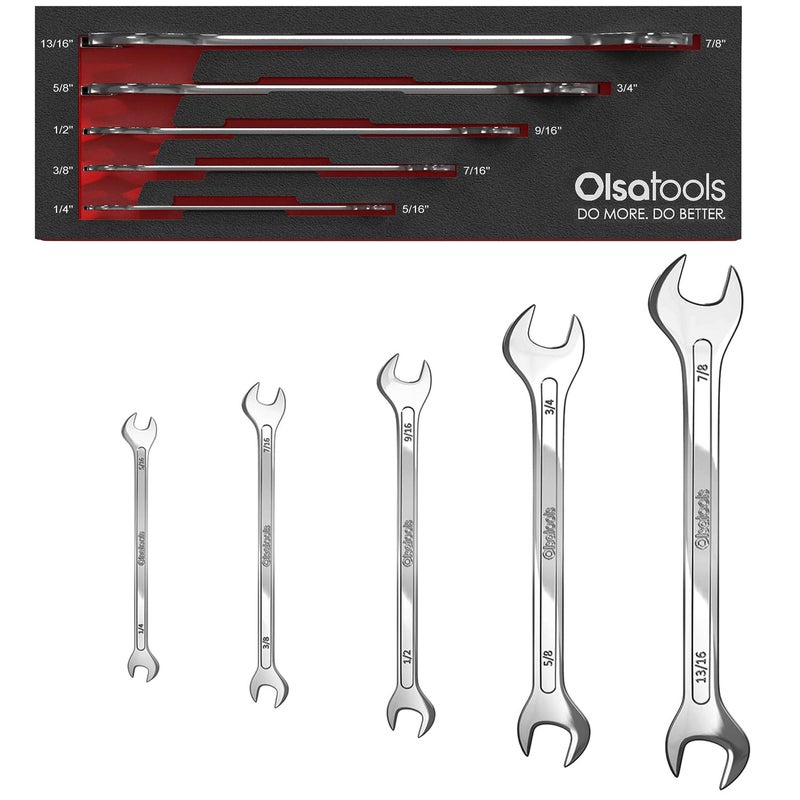Olsa Tools 5-Piece SAE Slim Profile Wrench Set - Dual Open End Flat Spanner Kit - Thin Compact Wrenches for Mechanics - Durable Steel Tool Set - Part 1254 - Image 1